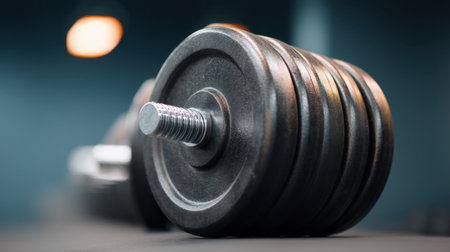 A detailed close-up of a heavy dumbbell rests on a gym floor, showcasing its sleek design and robust structure, ideal for fitness enthusiasts and strength training themes.の素材