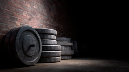 Explore the dramatic setting of a gym with neatly stacked weight plates against a rustic red brick wall. Perfect for fitness and workout-themed projects.の素材
