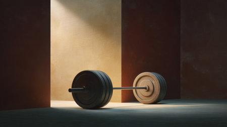 A minimalist scene showcasing a barbell with weights in a softly lit environment, ideal for fitness, gym, and motivational themes, emphasizing strength and dedication.の素材