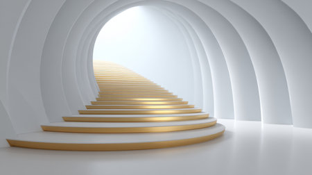 A stunning modern interior showcasing elegant stairs that lead towards a soft, bright light, embodying minimalism and tranquility in architectural design.の素材