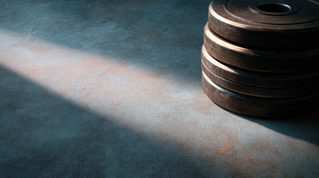 A captivating scene of heavy black weight plates stacked on an industrial gym floor, beautifully illuminated by natural light, perfect for fitness and exercise themes.の素材