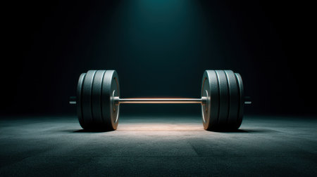 A striking visual of a weightlifting barbell resting on a dark gym floor, highlighted by dramatic lighting, symbolizing strength, determination, and fitness goals.の素材