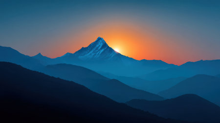 Experience the breathtaking beauty of a sunrise illuminating snow-capped mountain peaks against a serene landscape, creating a tranquil and breathtaking atmosphere.の素材