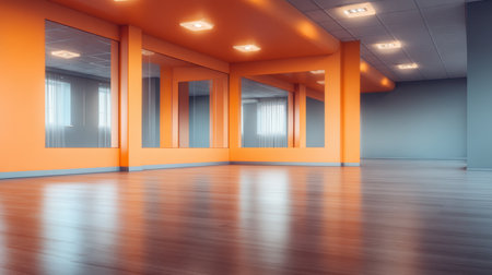 Bright and inviting modern interior space featuring vibrant orange walls, large mirrors, and polished wooden floors, ideal for dance, fitness classes, or creative activities.の素材