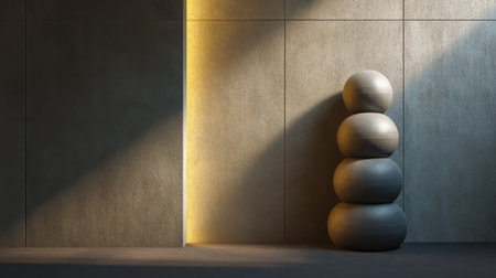 A tranquil indoor scene featuring a stack of circular stones against a concrete wall, bathed in soft light, evoking a sense of calm and minimalist beauty.の素材