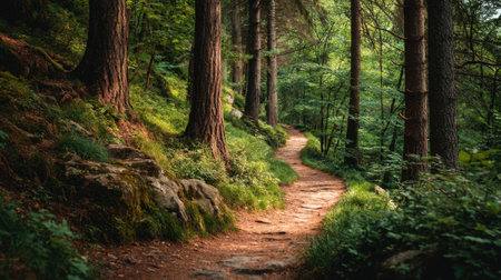 This picturesque forest pathway invites viewers to explore the beauty of nature. Surrounded by lush greenery and towering trees, it captures a serene, peaceful atmosphere.の素材