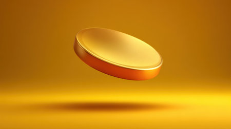 A stunning golden coin floats effortlessly in mid-air against a vibrant gradient background, evoking themes of wealth, success, and financial aspirations in modern life.の素材