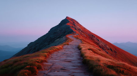 A breathtaking view of a mountain path leading to a striking peak at dawn. The vibrant colors and tranquil atmosphere create a perfect scene for nature lovers and adventurers.の素材
