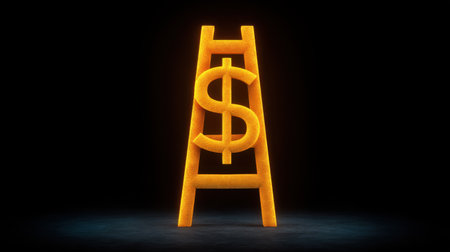 This striking image features a brightly lit ladder with a dollar sign, representing financial growth and success. Ideal for concepts related to business and investment.の素材