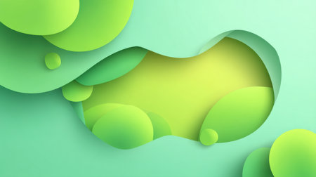 This abstract green background features layered shapes and smooth curves, creating a fresh and modern design perfect for creative projects and digital applications.の素材