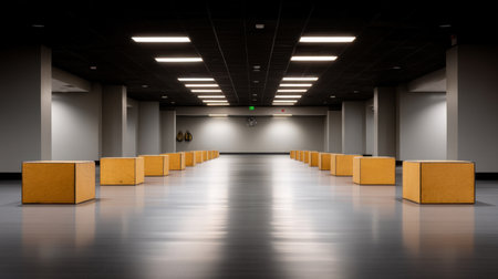 This minimalist interior features geometric yellow boxes in a spacious area under a dark ceiling, creating a tranquil and modern atmosphere ideal for various uses.の素材