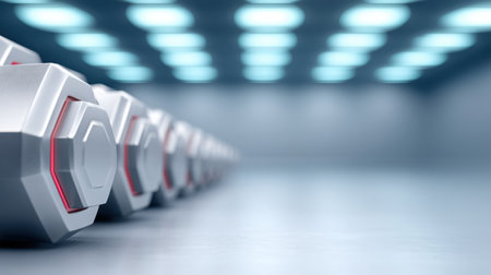 A sleek, modern gym interior featuring a row of dumbbells set against a well-lit backdrop, perfect for fitness enthusiasts seeking an inspiring workout atmosphere.の素材