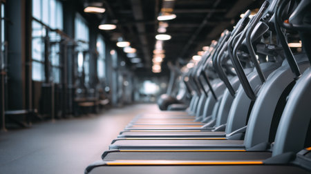 A spacious and modern gym features a row of empty treadmills, with blurred fitness equipment in the background, creating an inviting atmosphere for workout enthusiasts.の素材