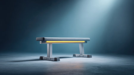 A contemporary gym bench showcases a sleek design in a dimly lit environment, ideal for fitness enthusiasts seeking a stylish workout space. The warm spotlight enhances the focus on training.の素材