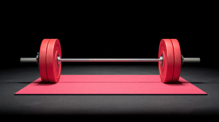 A red mat supports a weightlifting barbell, complete with red weight plates, set in a stylish dark environment. Ideal for fitness enthusiasts and trainers focused on strength.の素材