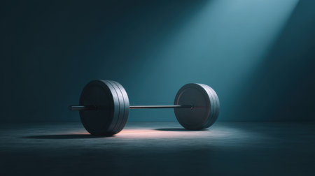 A heavy black barbell rests on a gym floor, highlighted by a spotlight. This image captures the essence of strength training and motivates fitness enthusiasts.の素材