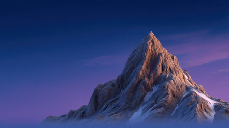 Captivating image of a rugged mountain peak rising majestically above soft clouds, bathed in the warm hues of sunset, creating a tranquil and serene atmosphere.の素材
