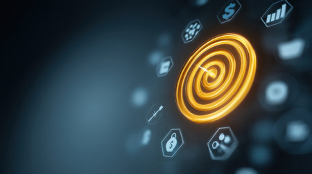 This abstract digital background features vibrant circles and various icons that symbolize finance and technology, ideal for projects focusing on innovation and data visualization.の素材