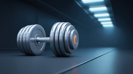 This image captures a sleek dumbbell on a gym floor, surrounded by dramatic lighting, emphasizing the themes of strength and fitness in an energetic environment.の素材