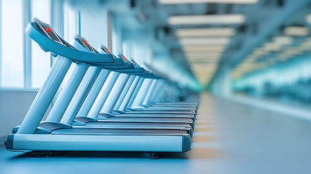 A vibrant gym interior features a row of sleek and modern treadmills, providing an ideal setting for fitness enthusiasts to engage in their workout routines.の素材
