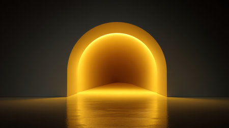 This image features a warm illuminated archway in a dark space, creating a glossy reflective floor that enhances the serene and modern aesthetic of the scene.の素材
