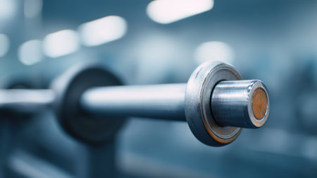 This close-up image showcases a gym barbell with a focus on the grip, set against a blurred background of a vibrant fitness center, emphasizing strength and motivation.の素材