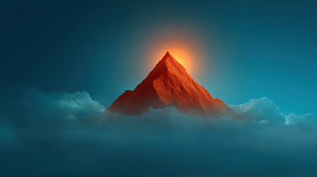 A stunning mountain peak emerges with golden sunlight illuminating its summit, surrounded by soft clouds contrasting against a vibrant blue sky. Perfect for nature themes.の素材