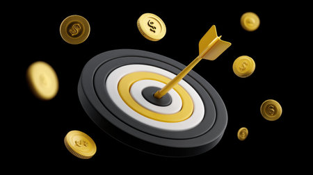This dynamic image features a golden arrow hitting the center of a target, surrounded by floating coins, symbolizing success and achievement in financial and business endeavors.の素材