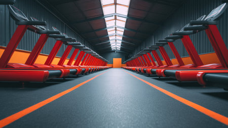 A dynamic interior of a contemporary gym featuring rows of treadmills. The vibrant orange accents and skylights create an inviting atmosphere for fitness enthusiasts.の素材