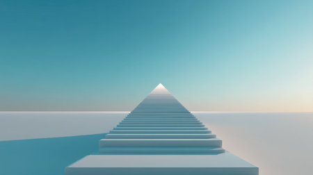 Explore the tranquil journey of pyramid steps stretching toward a bright horizon in a serene minimalist landscape, showcasing modern design and peaceful aesthetics.の素材