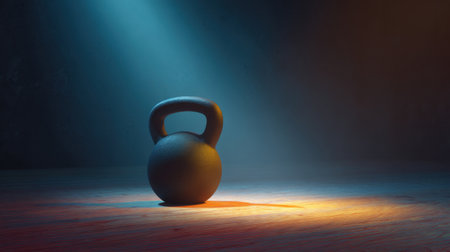 A striking image of a black kettlebell illuminated by dramatic lighting, emphasizing fitness and strength training against a rustic wooden floor.の素材