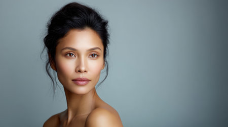 A stunning portrait featuring a woman with a graceful pose and natural makeup. The soft background enhances her serene expression, perfect for beauty themes.の素材
