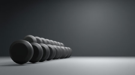 A striking minimalist composition showcasing a series of black circular objects casting gentle shadows on a smooth surface, emphasizing simplicity and modern design concepts.の素材