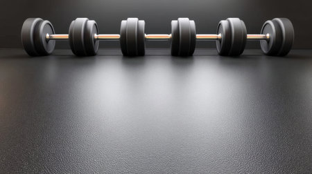 Elegant black dumbbells are arranged on a textured surface, enhancing the appeal of home and gym fitness settings, perfect for strength training enthusiasts.の素材