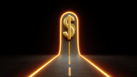 A striking visual of a golden dollar symbol glowing at the end of a bright road, encapsulating themes of wealth, opportunity, and financial ambition in a dark setting.の素材