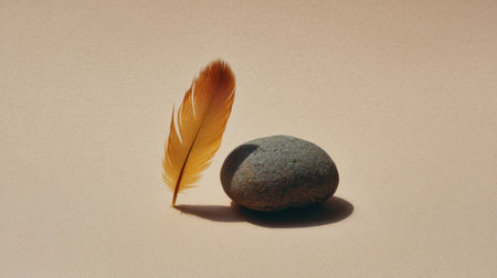 A stunning still-life composition featuring a delicate golden feather resting against a smooth grey stone on a soft beige surface, capturing the essence of tranquility and simplicity.の素材