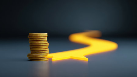 Bright yellow arrow signifies a path of financial growth beside a stack of coins, illustrating the journey toward wealth and success in business and investments.の素材