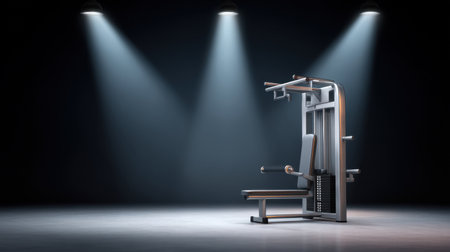 A visually striking image of fitness equipment placed under dramatic lighting in a modern gym environment. Perfect for showcasing strength training and workout motivation.の素材
