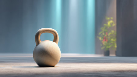A minimalist kettlebell sits in a bright gym space, complemented by natural light and greenery. This image captures the essence of fitness and motivation.の素材