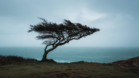 A striking image of a lone tree bent by strong winds, standing resilient against a stormy sky and turbulent ocean, depicting the raw beauty of nature's power.の素材