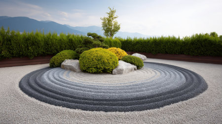 Discover a captivating zen garden featuring intricate gravel patterns, soft greenery, and serene stones, perfect for meditation and relaxation in a tranquil outdoor space.の素材