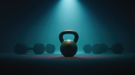 A captivating image features a kettlebell illuminated by dramatic lighting in a dark gym, surrounded by dumbbells, creating an inspiring fitness atmosphere perfect for motivation.の素材