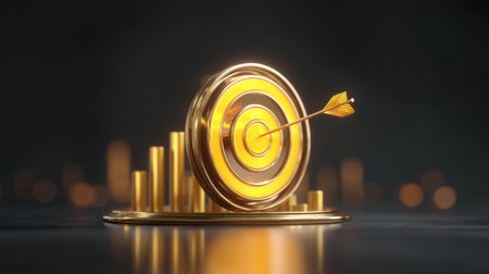 A striking visual of a golden bullseye with an arrow accurately hitting the center, set against a backdrop of rising bar graphs symbolizing growth and success.の素材