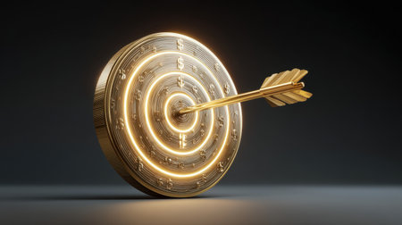 This stunning image features a golden target with illuminated dollar signs, showcasing the concept of financial goals and investments in a modern business landscape.の素材