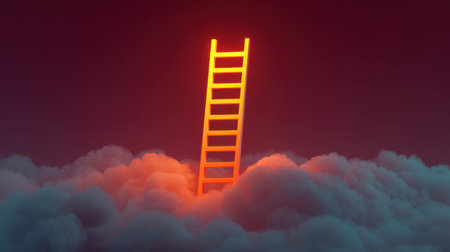 A captivating and surreal image of a glowing ladder rising above vibrant clouds, representing aspirations, dreams, and the journey toward personal growth and achievement.の素材