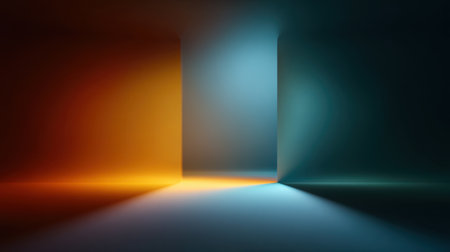 This abstract image captures a geometric space with vibrant colors and soft shadows, ideal for various design projects and creating modern digital backgrounds.の素材