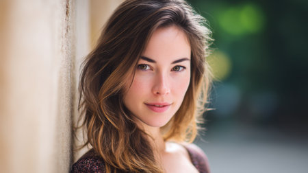 This portrait captures a young woman with long hair smiling confidently against a softly blurred background, evoking a sense of warmth and serenity in a natural setting.の素材