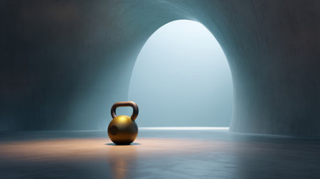 A golden kettlebell sits in a spacious and minimalistic setting, illuminated by soft ambient light. This image captures the essence of fitness and personal growth.の素材