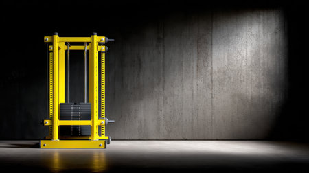 A striking yellow weight machine dominates an empty gym space, illuminated by a spotlight against a concrete wall, perfect for highlighting strength training techniques.の素材
