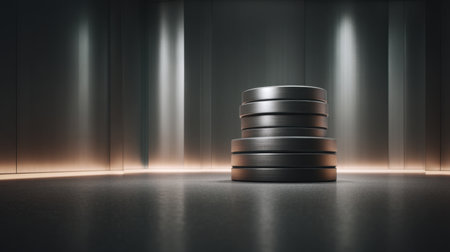 A striking stack of metallic cylinders in a modern elevator setting, featuring sleek lines and soft lighting. Perfect for use in artistic or commercial projects.の素材